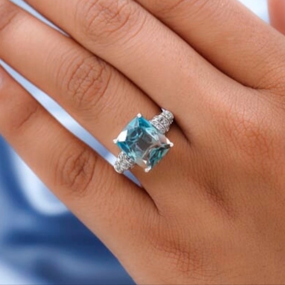 Aqua Colorful Terra Costa Quartz Triplet & White Zircon Ring in 925! Size 7 New - Picture 7 of 14
